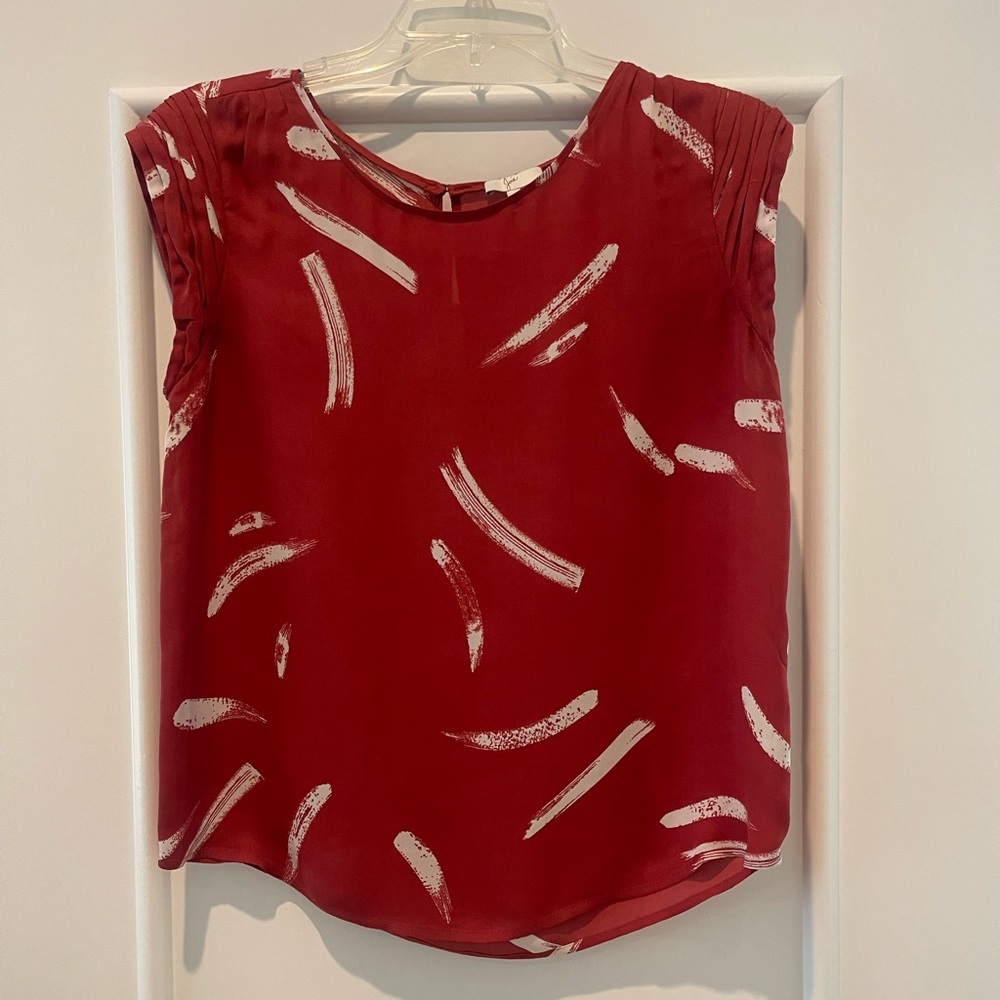 Joie Red Silk Top with White Brushstroke Design